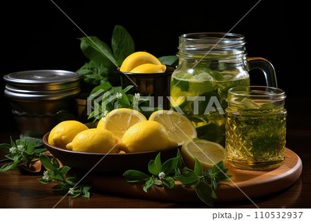 Green tea with lemon in a glass mug. Generative A Green tea with lemon in a glass mug. Generative A 110532937