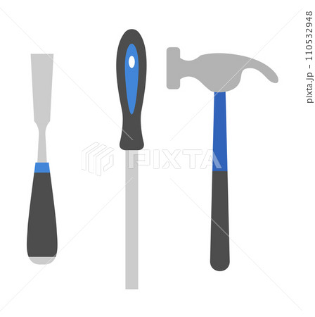 Set of three hand tools including a putty knife, screwdriver, and hammer. Flat style icons for DIY or construction. Work tools and repair equipment vector illustration Set of three hand tools including a putty knife, screwdriver, and hammer. Flat style icons for DIY or construction. Work tools and repair equipment vector illustration 110532948
