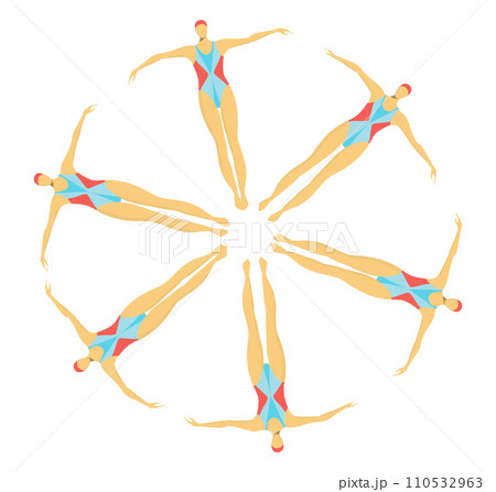 Six female synchronized swimmers in artistic formation. Athletic women performing water ballet. Synchronized swimming team performing routine vector illustration 110532963