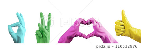 Good hand gestures for cleaning service set. OK, victory, heart shape and thumbup isolated on white 110532976