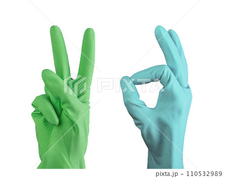 Hand gestures for cleaning service. OK, victory, V sign, isolated on white 110532989