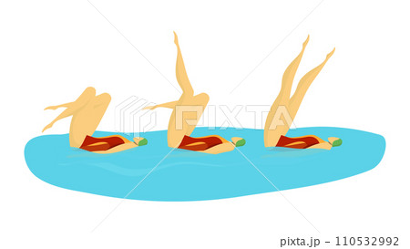 Three people in red swimsuits doing synchronized swimming. Upside down swimmers performing in water vector illustration 110532992