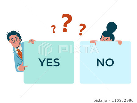 Man and woman peeking behind signs with words YES and NO. Cartoon characters with question marks, making decision vector illustration 110532996