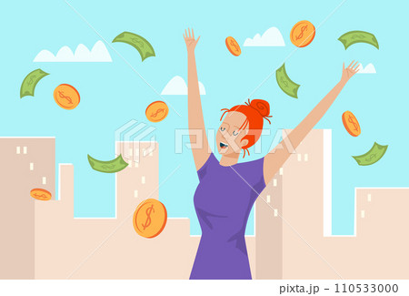 Redhead woman in blue dress excitedly catches falling money bills, coins in city. Financial success and happiness vector illustration. Joyful person celebrates sudden wealth and abundance Redhead woman in blue dress excitedly catches falling money bills, coins in city. Financial success and happiness vector illustration. Joyful person celebrates sudden wealth and abundance 110533000