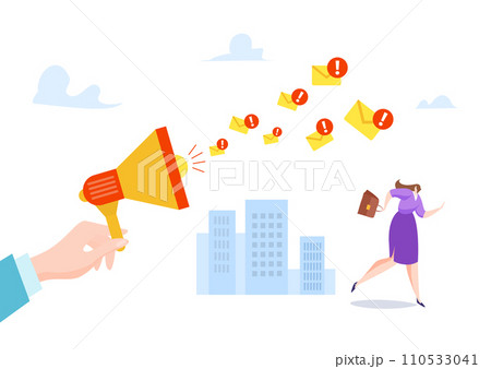 Hand holding megaphone sending alerts to businesswoman running away. Emergency announcement with urgent emails. Corporate communication and alert notification concept vector illustration Hand holding megaphone sending alerts to businesswoman running away. Emergency announcement with urgent emails. Corporate communication and alert notification concept vector illustration 110533041