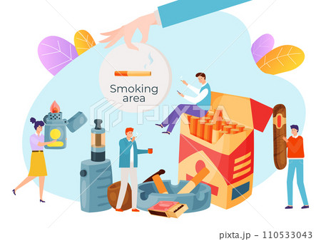 Group of adults in a stylized smoking area with cigarettes and vape devices. Cartoons about smoking addiction and health issues vector illustration Group of adults in a stylized smoking area with cigarettes and vape devices. Cartoons about smoking addiction and health issues vector illustration 110533043