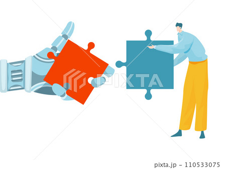 Robot arm and human hand connecting puzzle pieces. Collaboration between human and artificial intelligence. Teamwork of robot and man in problem-solving vector illustration 110533075
