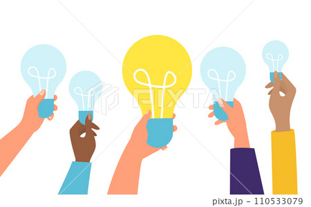 Diverse hands holding light bulbs, one glowing bright. Concept of creativity, innovation, and teamwork. Multicultural idea sharing vector illustration 110533079
