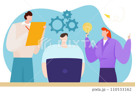 Creative team brainstorming with gears and lightbulb. Man with clipboard, woman with idea, colleague at computer. Innovation and strategy in business vector illustration Creative team brainstorming with gears and lightbulb. Man with clipboard, woman with idea, colleague at computer. Innovation and strategy in business vector illustration 110533162