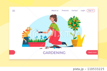 Young woman gardening with trowel, cat watching. Indoor planting activity, potted citrus tree and watering can. Horticulture hobby, indoor garden vector illustration Young woman gardening with trowel, cat watching. Indoor planting activity, potted citrus tree and watering can. Horticulture hobby, indoor garden vector illustration 110533225