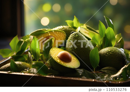 Organic avocado in a wooden box. Generative AI 110533276