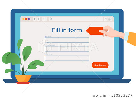 Hand inserting red tag into form on laptop screen, online survey concept, flat design. Electronic forms and digital data collection vector illustration 110533277