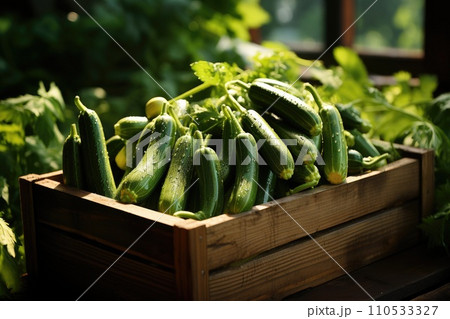 Organic zucchini in a wooden box. Generative AI 110533327