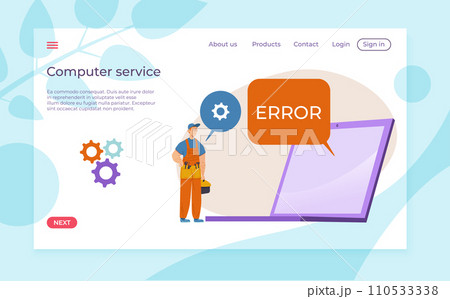 Male technician with tools next to computer screen showing error message. Digital repair, computer maintenance concept vector illustration 110533338