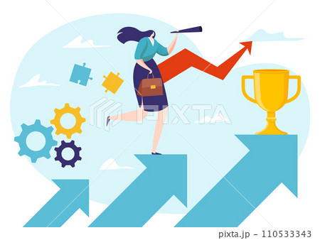 Businesswoman climbing growth arrow towards trophy. Professional success and career goal achievement. Ambition and challenge concept vector illustration 110533343
