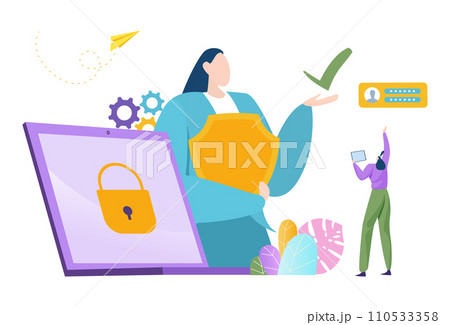 Female character holding a shield protecting from cyber threats next to a computer screen with a lock symbol. Data security and online safety concept illustration 110533358