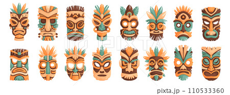 Set of sixteen wooden tiki masks. Cartoon ceremonial tiki totem masks, African or Hawaiian idols. Set of vector illustrations Ethnic tribal ritual masks. 110533360