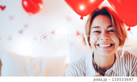 AI-generated content. Happy young woman holding a balloon with a red heart and posing for the camera, a symbol of love for Valentine's Day 110533697