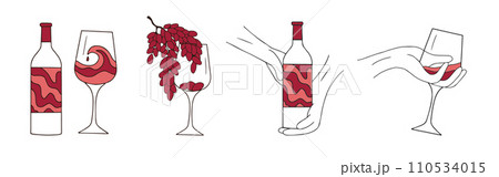 Wine bottle, glass and grapes isolated on white. Vector illustration. Vector illustration 110534015