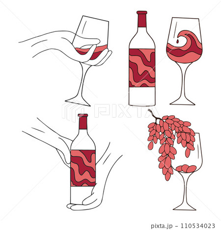 Set of templates drawing glasses with wine and bottle .Vector illustration. White drawing, party celebration, cute glass. Vector illustration Set of templates drawing glasses with wine and bottle .Vector illustration. White drawing, party celebration, cute glass. Vector illustration 110534023