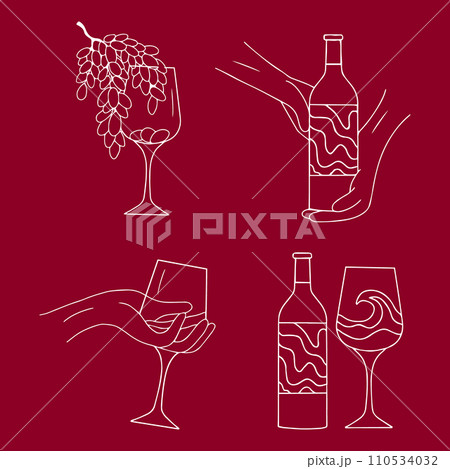 Set of templates drawing glasses with wine and bottle .Vector illustration. White drawing, party celebration, cute glass. Vector illustration Set of templates drawing glasses with wine and bottle .Vector illustration. White drawing, party celebration, cute glass. Vector illustration 110534032