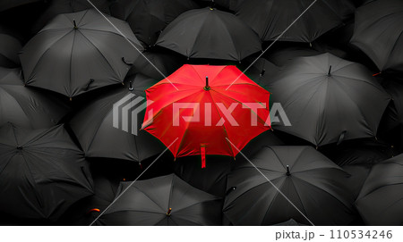 Crimson Oasis: Red Umbrella Amidst a Sea of Noir. Generative AI	 110534246