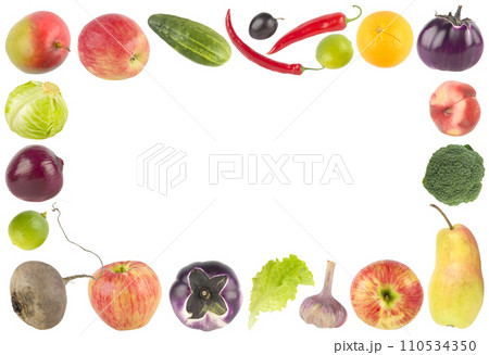 Fruits and vegetables frame isolated on white Fruits and vegetables frame isolated on white 110534350