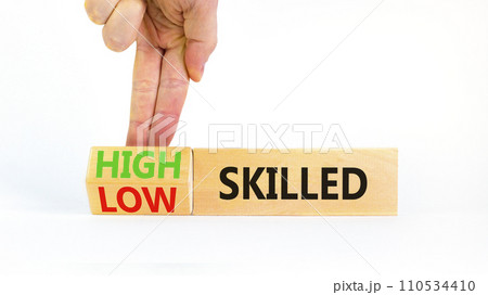 High or low skilled symbol. Concept words High skilled or Low skilled on beautiful wooden blocks. Beautiful white background. Businessman hand. Business high or low skilled concept. Copy space. High or low skilled symbol. Concept words High skilled or Low skilled on beautiful wooden blocks. Beautiful white background. Businessman hand. Business high or low skilled concept. Copy space. 110534410