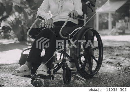 nurse with elderly man in wheelchair at park nurse with elderly man in wheelchair at park 110534501