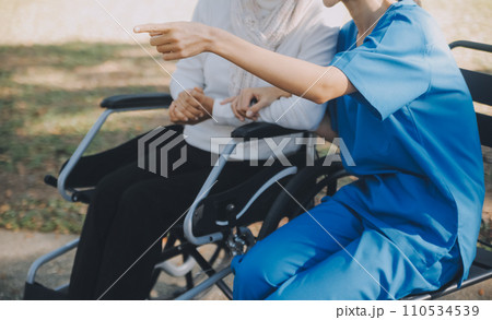 A nurse take care a senior male on wheelchair in his garden at home 110534539