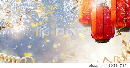 Chinese New Year lanterns and firework Chinese New Year lanterns and firework 110534712