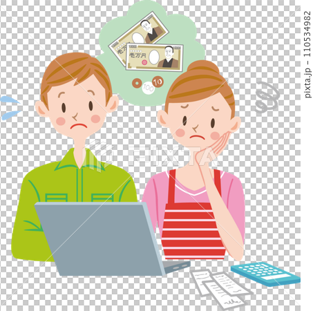 Couple keeping household account book, deficit, troubled Couple keeping household account book, deficit, troubled 110534982