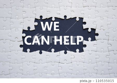 We can help symbol. Concept words We can help on white puzzle. Beautiful deep blue background. Business and We can help concept. Copy space. We can help symbol. Concept words We can help on white puzzle. Beautiful deep blue background. Business and We can help concept. Copy space. 110535015