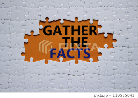 Gather the facts symbol. Concept words Gather the facts on white puzzle. Beautiful orange background. Business and Gather the facts concept. Copy space. Gather the facts symbol. Concept words Gather the facts on white puzzle. Beautiful orange background. Business and Gather the facts concept. Copy space. 110535043