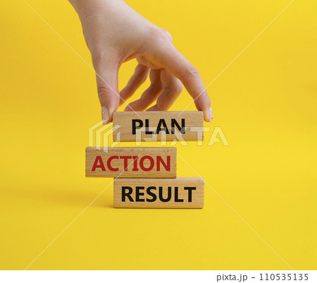 Plan Action Result symbol. Concept words Plan Action Result on wooden blocks. Businessman hand. Beautiful yellow background. Business concept and Plan Action Result. Copy space. 110535135