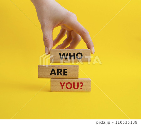 Who are You symbol. Concept words Who are You on wooden blocks. Businessman hand. Beautiful yellow background. Business and Who are You concept. Copy space. 110535139
