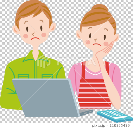 家計が苦しい 家計簿をつけながら困る夫婦 家計が苦しい 家計簿をつけながら困る夫婦 110535459