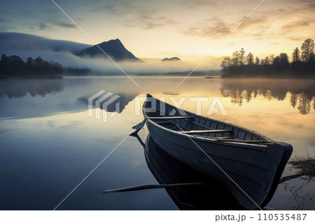 AI-generated content. A tranquil early morning view of a still lake reflecting a moody sky, with a single boat anchored at the shore. Mist rises off the water surface, enveloping trees and distant 110535487