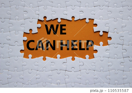 We can help symbol. Concept words We can help on white puzzle. Beautiful orange background. Business and We can help concept. Copy space. We can help symbol. Concept words We can help on white puzzle. Beautiful orange background. Business and We can help concept. Copy space. 110535587