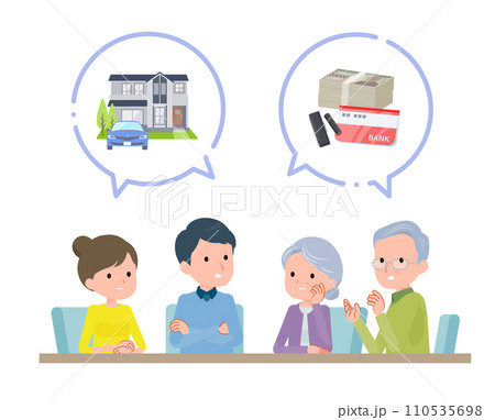 話し合う夫婦とその両親。資産アイコン。 110535698