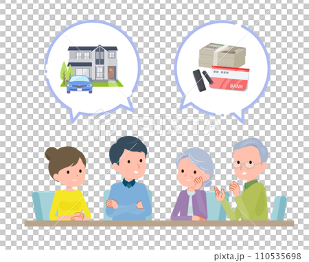 話し合う夫婦とその両親。資産アイコン。 110535698