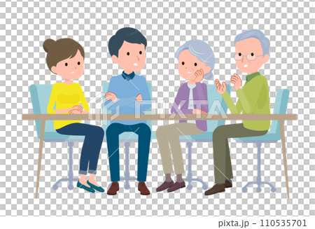 A couple and their parents talking. 110535701