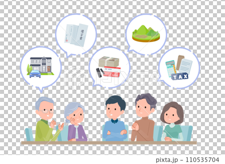 一對老夫婦和他們的兒子和女兒正在聊天。資產圖示。 110535704