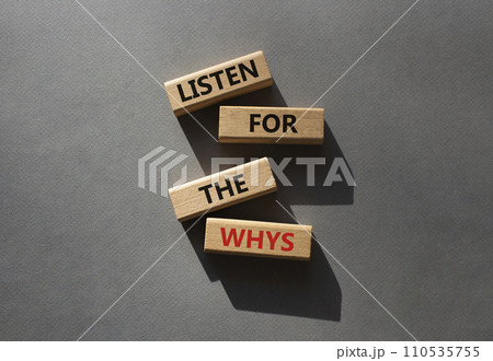 Listen for the whys symbol. Wooden blocks with words Listen for the whys. Beautiful grey background. Business and Listen for the whys. Copy space. 110535755