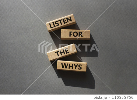 Listen for the whys symbol. Wooden blocks with words Listen for the whys. Beautiful grey background. Business and Listen for the whys. Copy space. 110535756