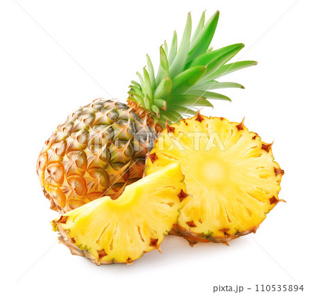 Fresh whole pineapple with a juicy slice isolated on white Fresh whole pineapple with a juicy slice isolated on white 110535894