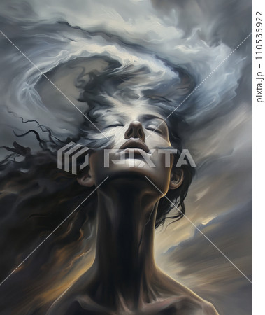 Woman's face with her hair melding into the swirling storm above, emotional turmoil concept 110535922