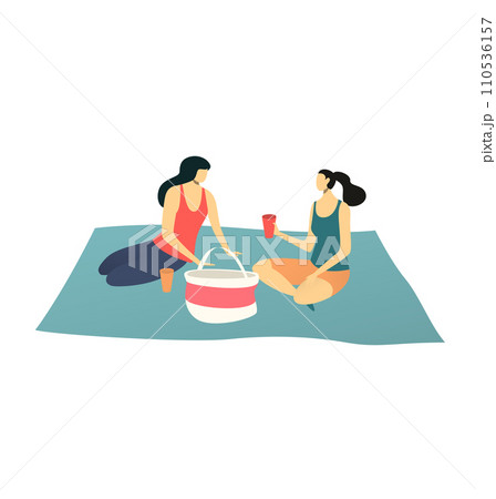 Picnic isolated on white, vector illustration. Flat young people woman at summer cartoon design, leisure with food together. 110536157