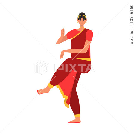 Indian traditional woman dance in dress costume isolated on white, vector illustration. Girl female dancer, india asia beautiful culture. 110536160