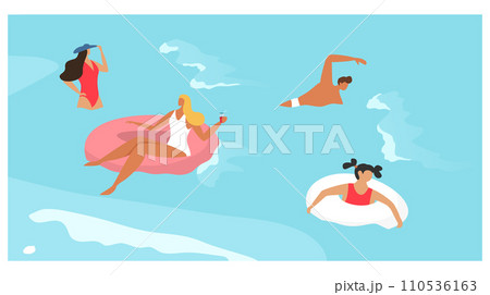 People in sea summer vacation, woman man girl character swim in ocean, vector illustration. Cartoon swimmer in water, flat holiday leisure 110536163